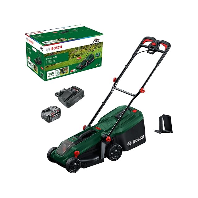 Bosch ROTAK18V-32 Akkurasenmäher mit 32 cm Messer und Grasfangkorb aus Gewebe