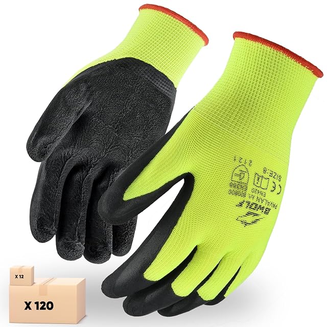 Zwölf Paar gelbe Arbeitshandschuhe mit schwarzen Latexhandflächen
