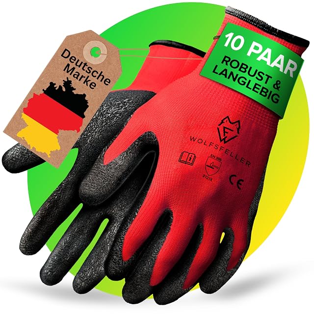 Zehn Paar latexbeschichtete Arbeitshandschuhe