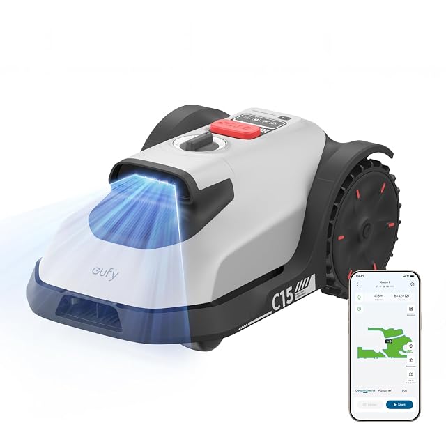 Anker eufy C15 Rasenmähroboter mit Kameranavigation und Schnitt auf der Kante fahrend